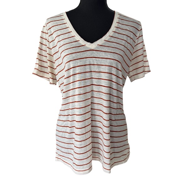 Lucky Brand Tops - Lucky Brand Venice Burnout Striped V-Neck T-Shirt White Rust Orange Large